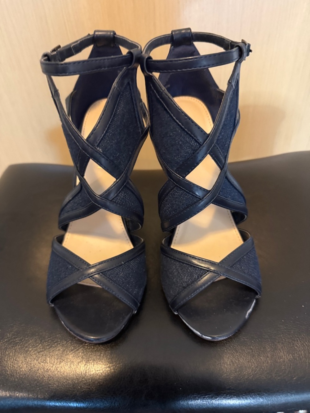 Strappy Denim Ankle-Strap Heels for Women